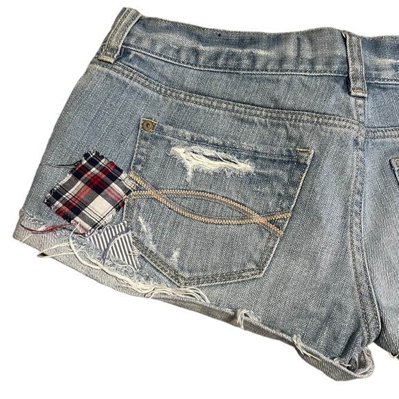 Abercrombie & Fitch Cut Off Denim Shorts with Plaid Patchwork Details - Picture 6 of 9
